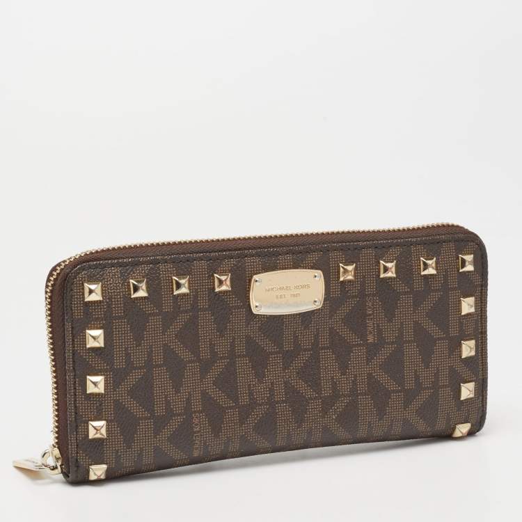 Pre Owned Michael Kors Brown Signature Coated Canvas Studded Zip Around Wallet