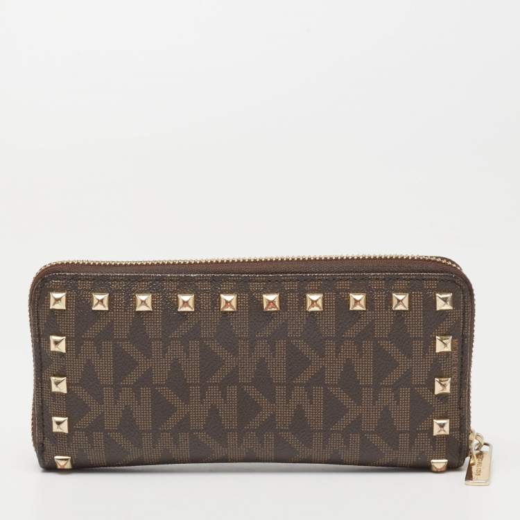 Pre Owned Michael Kors Brown Signature Coated Canvas Studded Zip Around Wallet