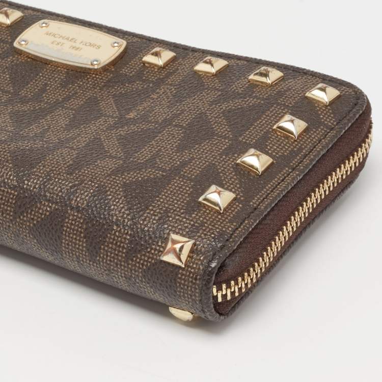 Pre Owned Michael Kors Brown Signature Coated Canvas Studded Zip Around Wallet