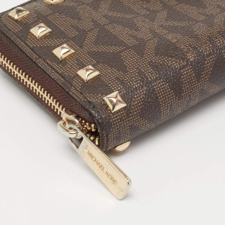 Pre Owned Michael Kors Brown Signature Coated Canvas Studded Zip Around Wallet