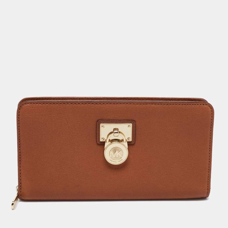 Pre Owned Michael Kors Caramel Brown Leather Hamilton Zip Around Wallet