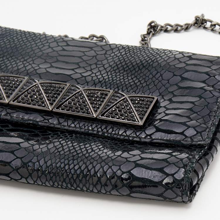 Pre Owned Michael Kors Metallic Black Python Effect Leather Flap Chain Clutch