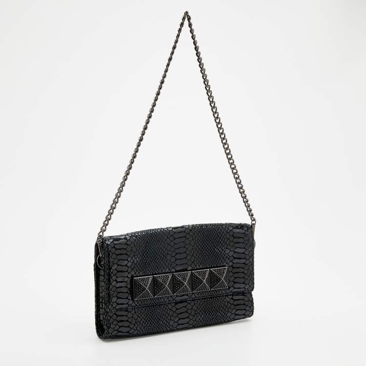 Pre Owned Michael Kors Metallic Black Python Effect Leather Flap Chain Clutch