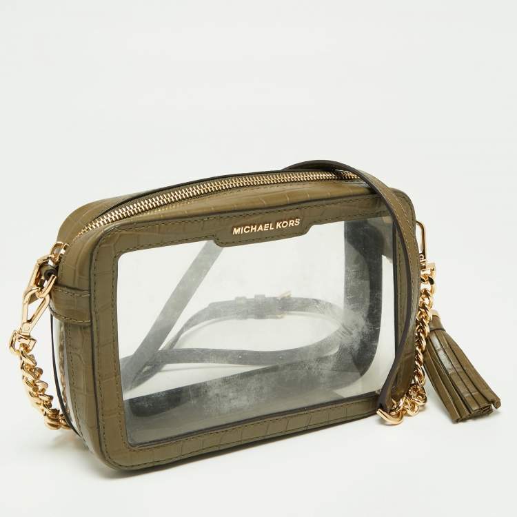 Pre Owned Michael Kors Green  PVC and Croc Embossed Ginny Crossbody Bag