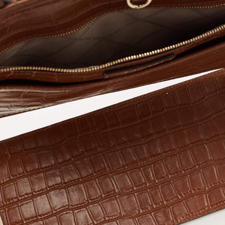 Pre Owned Michael Kors Brown/Clear PVC and Croc Embossed Leather Large Whitney Tote