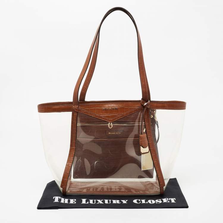 Pre Owned Michael Kors Brown/Clear PVC and Croc Embossed Leather Large Whitney Tote