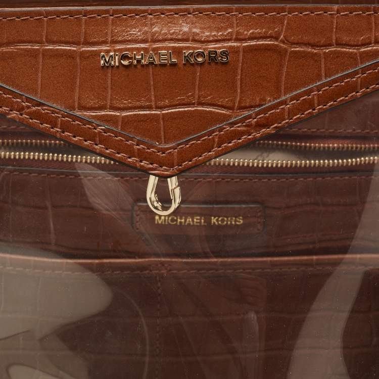 Pre Owned Michael Kors Brown/Clear PVC and Croc Embossed Leather Large Whitney Tote