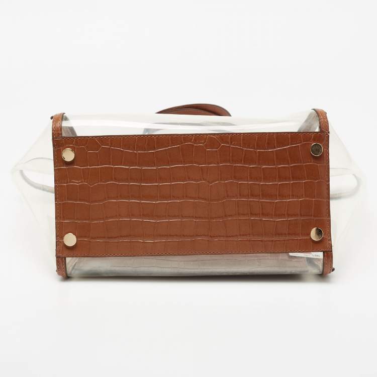 Pre Owned Michael Kors Brown/Clear PVC and Croc Embossed Leather Large Whitney Tote