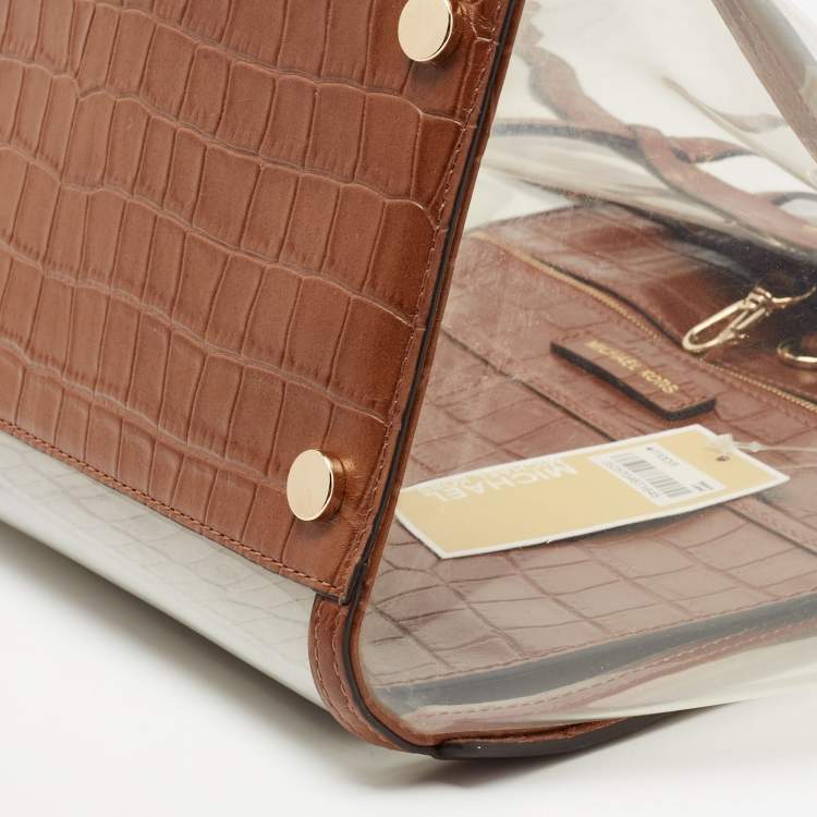 Pre Owned Michael Kors Brown/Clear PVC and Croc Embossed Leather Large Whitney Tote