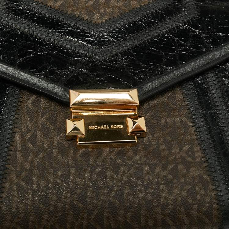 Pre Owned Michael Kors Brown/Black Signature Coated Canvas and Leather Whitney Top Handle Bag