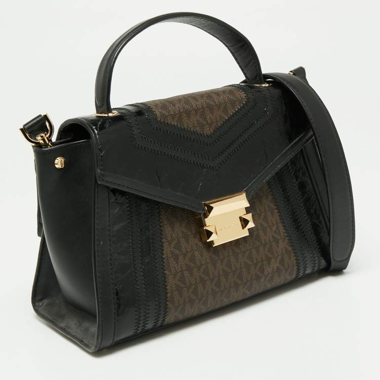 Pre Owned Michael Kors Brown/Black Signature Coated Canvas and Leather Whitney Top Handle Bag