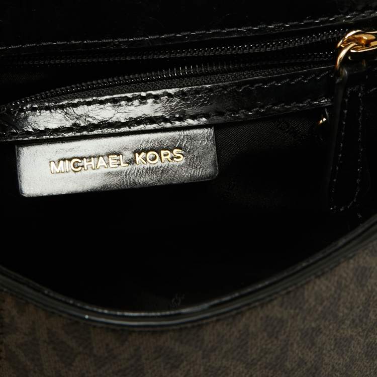 Pre Owned Michael Kors Brown/Black Signature Coated Canvas and Leather Whitney Top Handle Bag