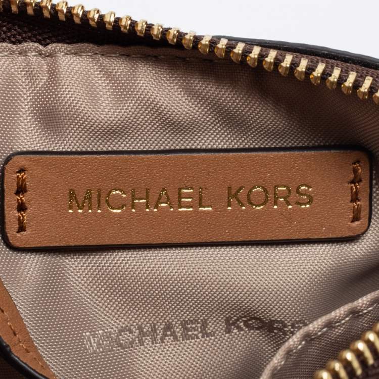 Pre Owned Michael Kors Brown/Beige Signature Coated Canvas and Leather Zip Card Holder 