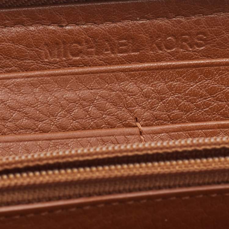Pre Owned Michael Kors Tan Leather Woven Zip Around Wallet