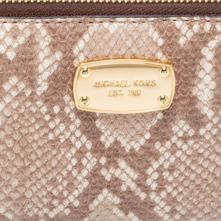 Pre Owned Michael Kors Beige/Brown  Snakeskin Embossed Leather Jet Set Zip Around Wallet