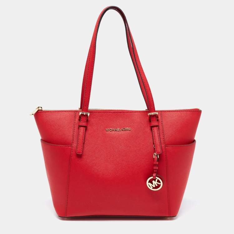Pre Owned Michael Kors Red Leather Jet Set Tote