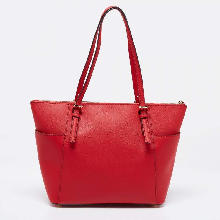Pre Owned Michael Kors Red Leather Jet Set Tote