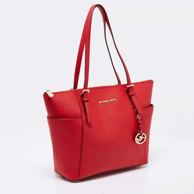 Pre Owned Michael Kors Red Leather Jet Set Tote