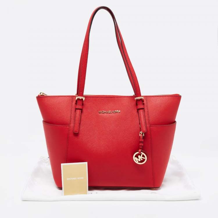 Pre Owned Michael Kors Red Leather Jet Set Tote
