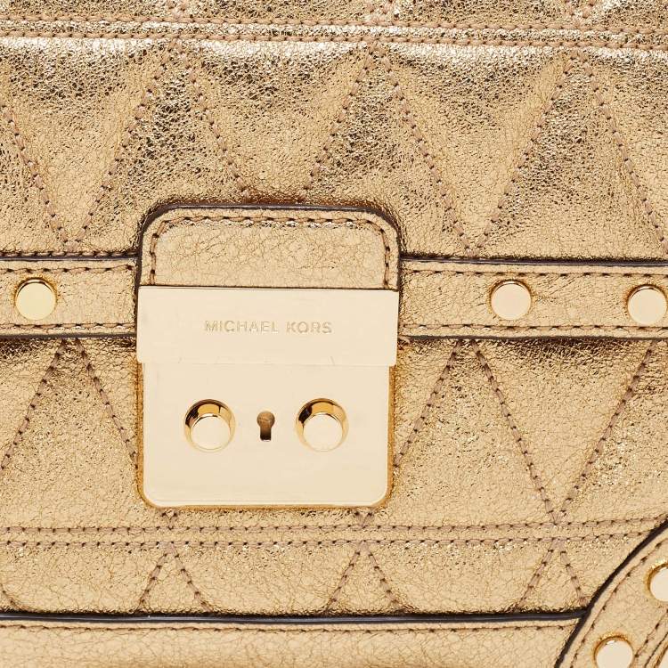 Pre Owned Michael Kors Gold Quilted Leather Small Cori Trunk Top Handle Bag