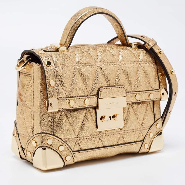 Pre Owned Michael Kors Gold Quilted Leather Small Cori Trunk Top Handle Bag