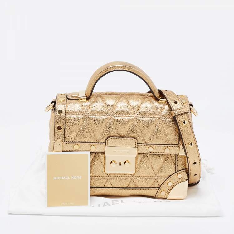 Pre Owned Michael Kors Gold Quilted Leather Small Cori Trunk Top Handle Bag