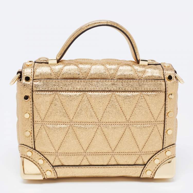 Pre Owned Michael Kors Gold Quilted Leather Small Cori Trunk Top Handle Bag