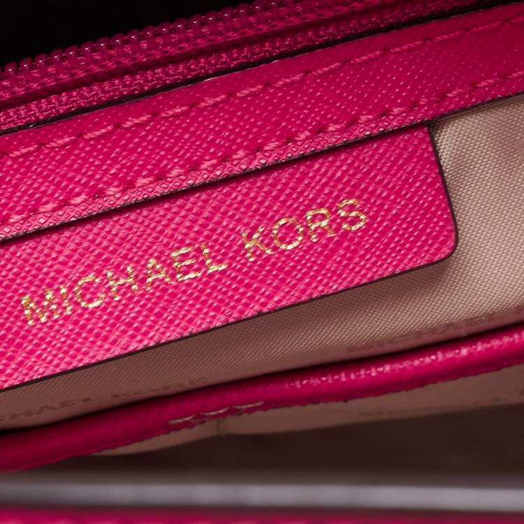 Pre Owned Michael Kors Pink Saffiano Leather Large Top Zip Jet Set Tote