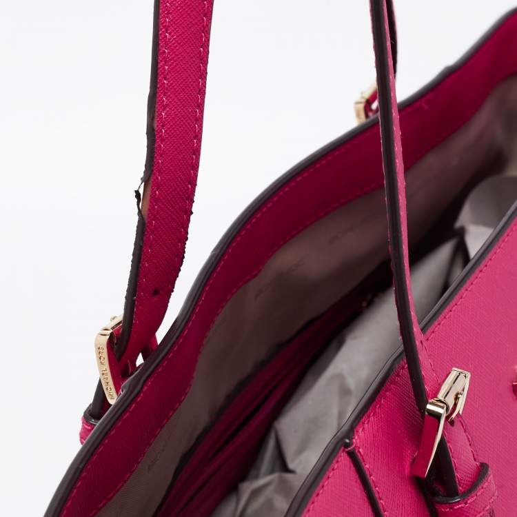 Pre Owned Michael Kors Pink Saffiano Leather Large Top Zip Jet Set Tote