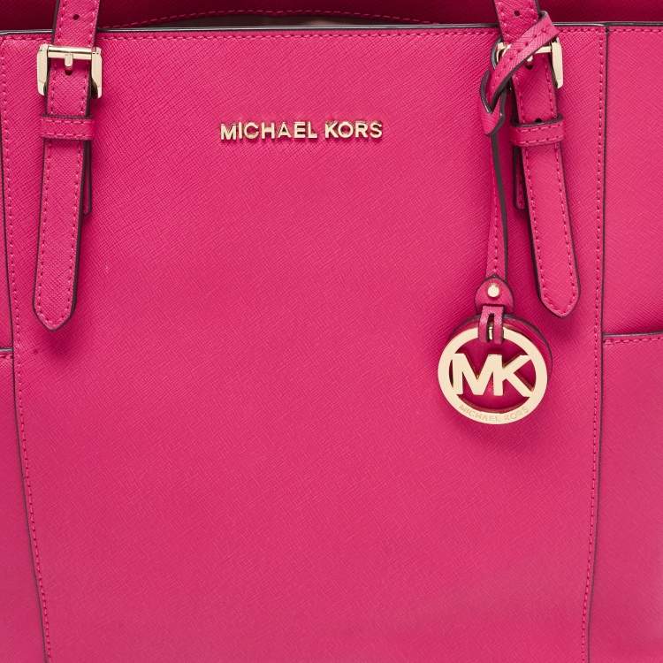 Pre Owned Michael Kors Pink Saffiano Leather Large Top Zip Jet Set Tote