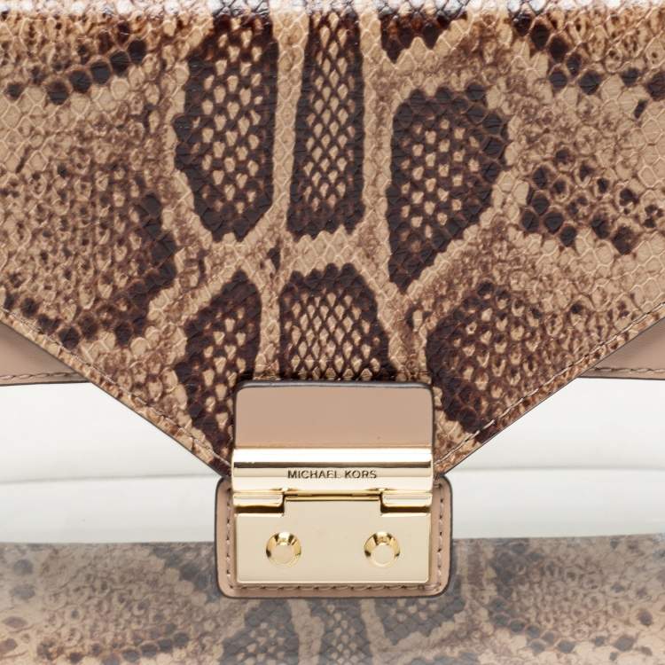Pre Owned Michael Kors Beige/Brown Python Embossed Leather And PVC Sloan Top Handle Bag