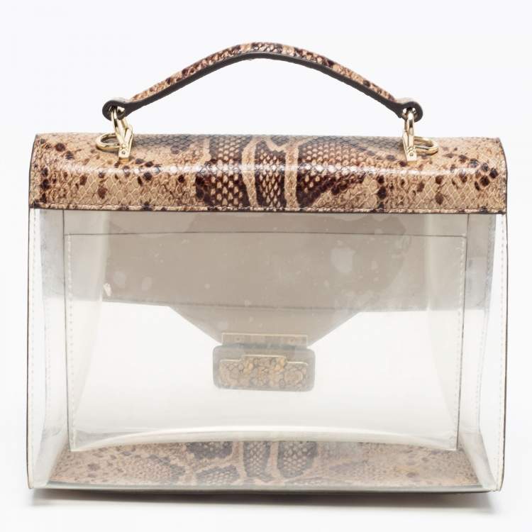 Pre Owned Michael Kors Beige/Brown Python Embossed Leather And PVC Sloan Top Handle Bag