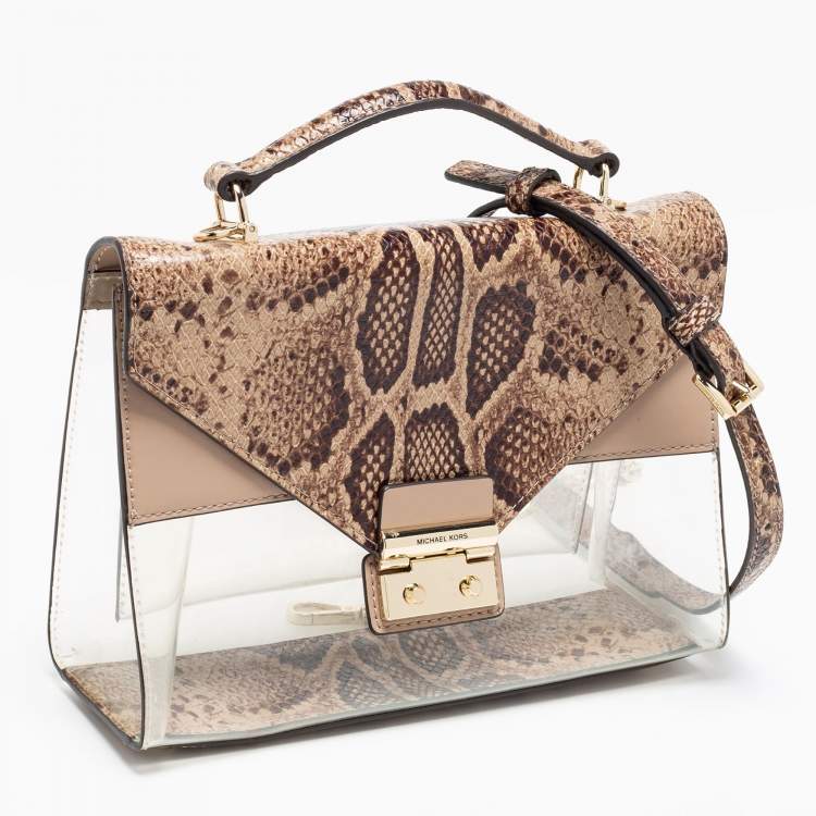 Pre Owned Michael Kors Beige/Brown Python Embossed Leather And PVC Sloan Top Handle Bag
