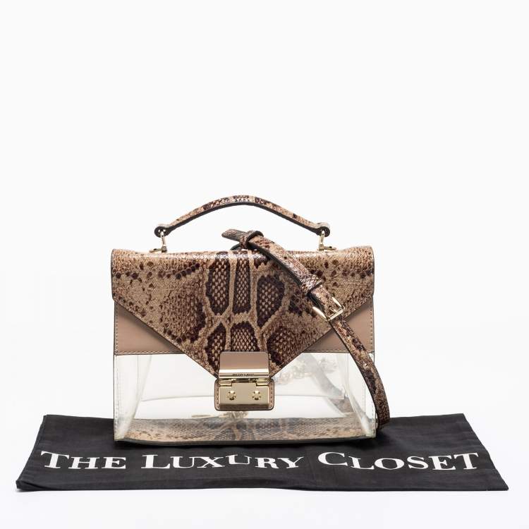 Pre Owned Michael Kors Beige/Brown Python Embossed Leather And PVC Sloan Top Handle Bag
