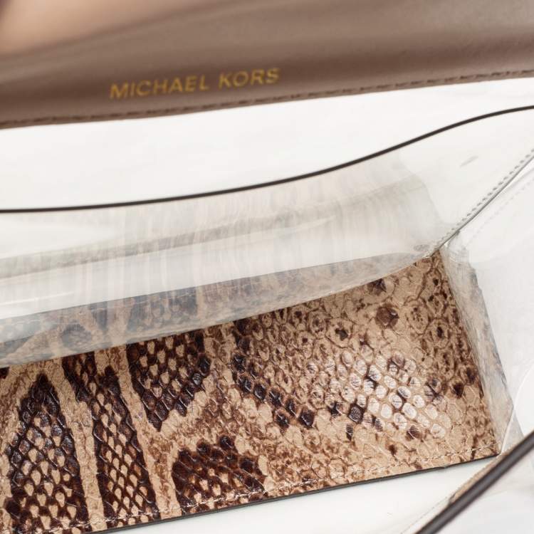Pre Owned Michael Kors Beige/Brown Python Embossed Leather And PVC Sloan Top Handle Bag