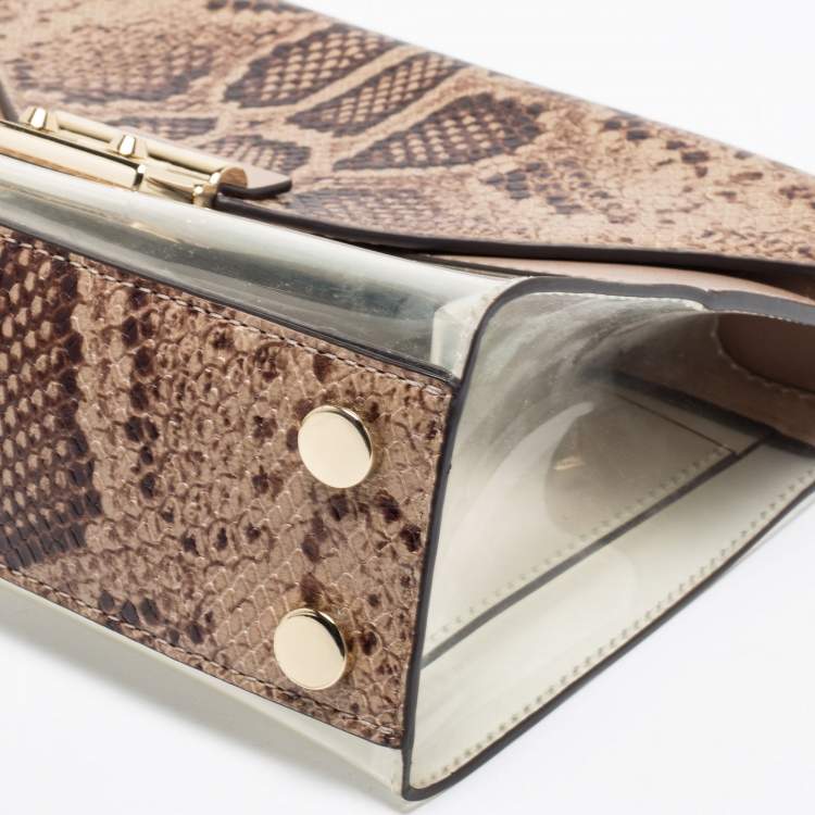 Pre Owned Michael Kors Beige/Brown Python Embossed Leather And PVC Sloan Top Handle Bag