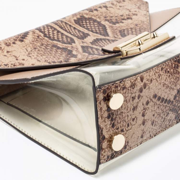 Pre Owned Michael Kors Beige/Brown Python Embossed Leather And PVC Sloan Top Handle Bag