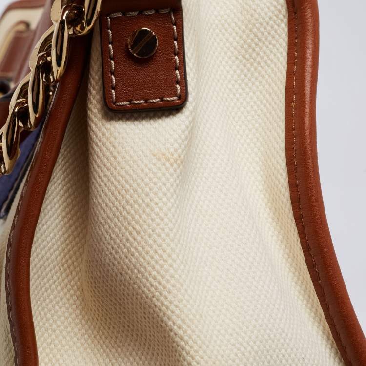 Pre Owned MICHAEL Michael Kors Tri Color Canvas and Leather Large Hamilton North South Tote