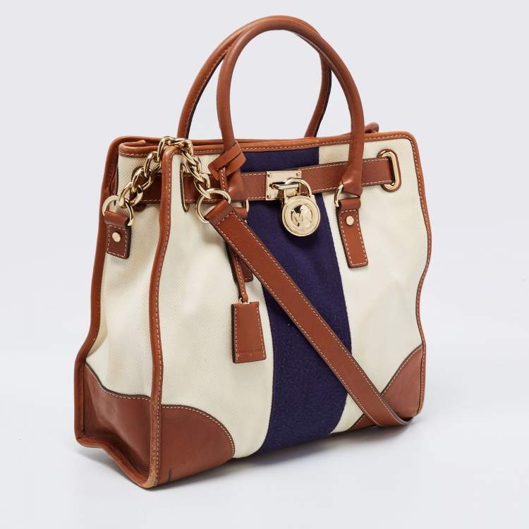 Pre Owned MICHAEL Michael Kors Tri Color Canvas and Leather Large Hamilton North South Tote