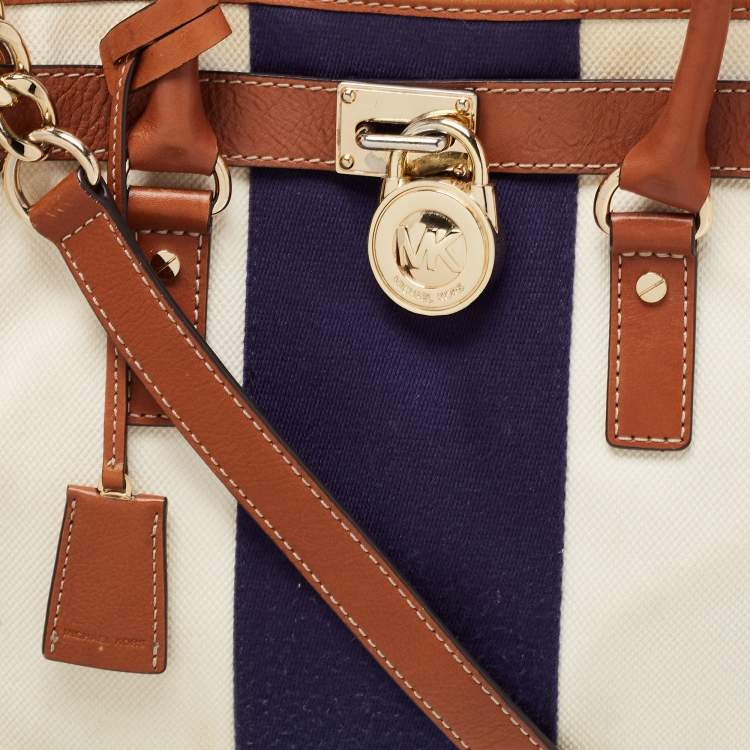 Pre Owned MICHAEL Michael Kors Tri Color Canvas and Leather Large Hamilton North South Tote