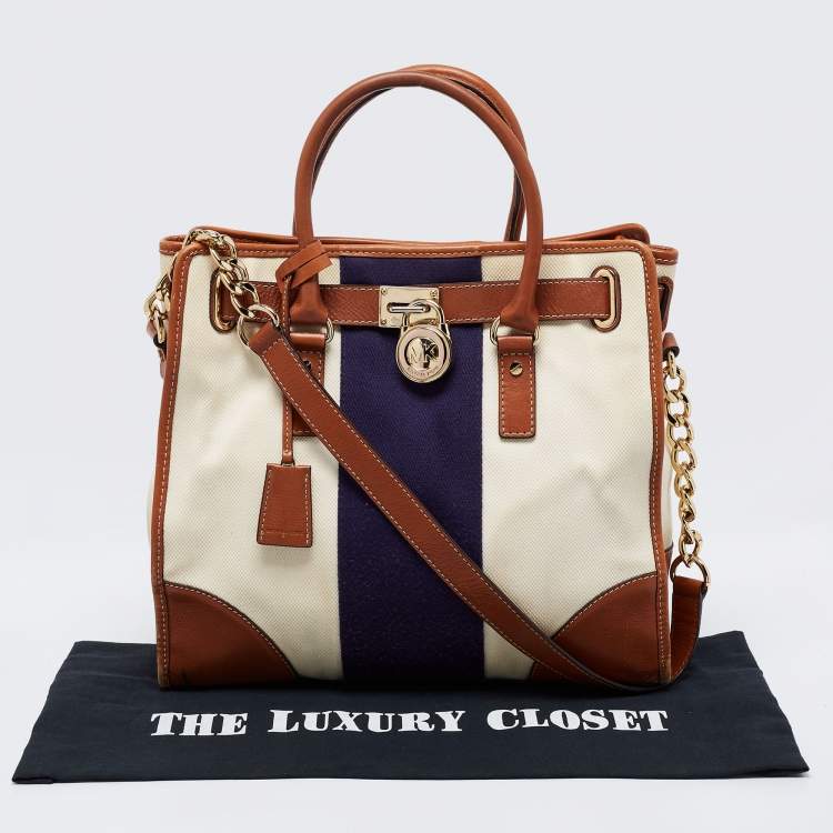 Pre Owned MICHAEL Michael Kors Tri Color Canvas and Leather Large Hamilton North South Tote