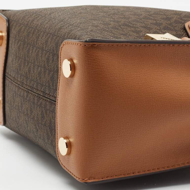 Pre Owned Michael Kors Brown Signature Canvas And Leather Mini Mercer Tote