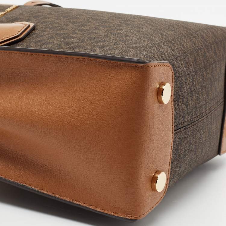 Pre Owned Michael Kors Brown Signature Canvas And Leather Mini Mercer Tote