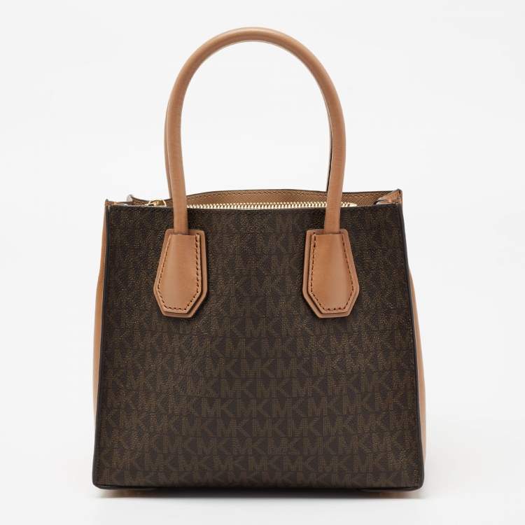 Pre Owned Michael Kors Brown Signature Canvas And Leather Mini Mercer Tote