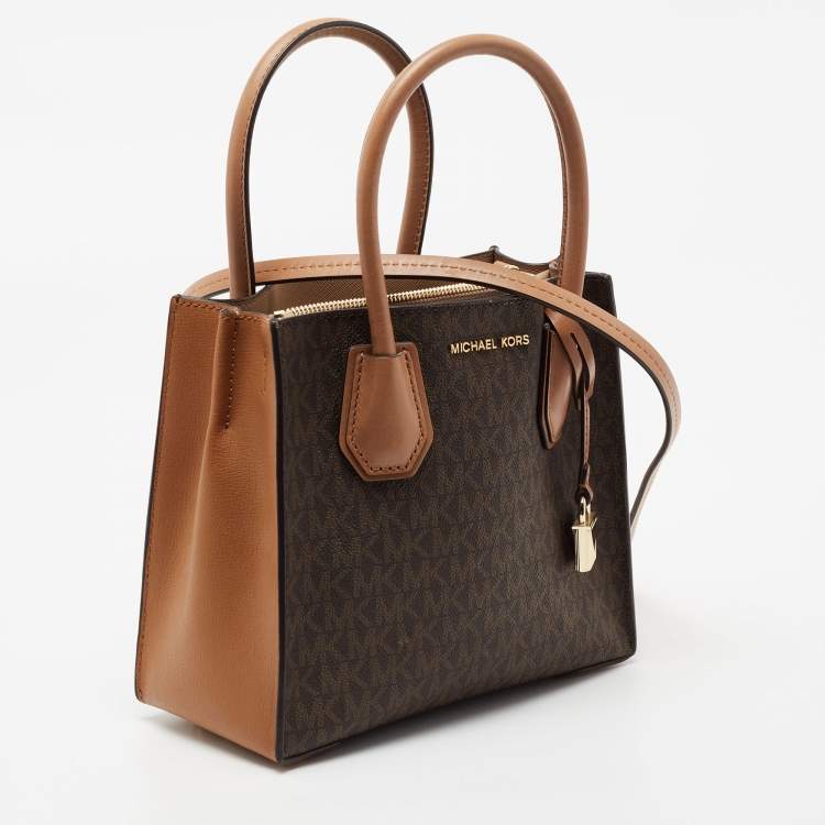 Pre Owned Michael Kors Brown Signature Canvas And Leather Mini Mercer Tote