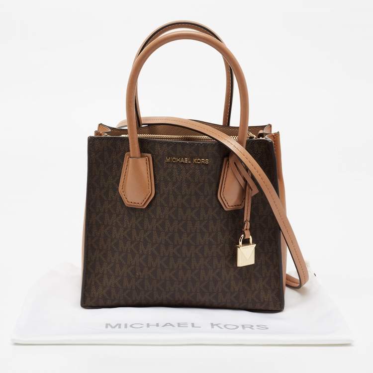 Pre Owned Michael Kors Brown Signature Canvas And Leather Mini Mercer Tote