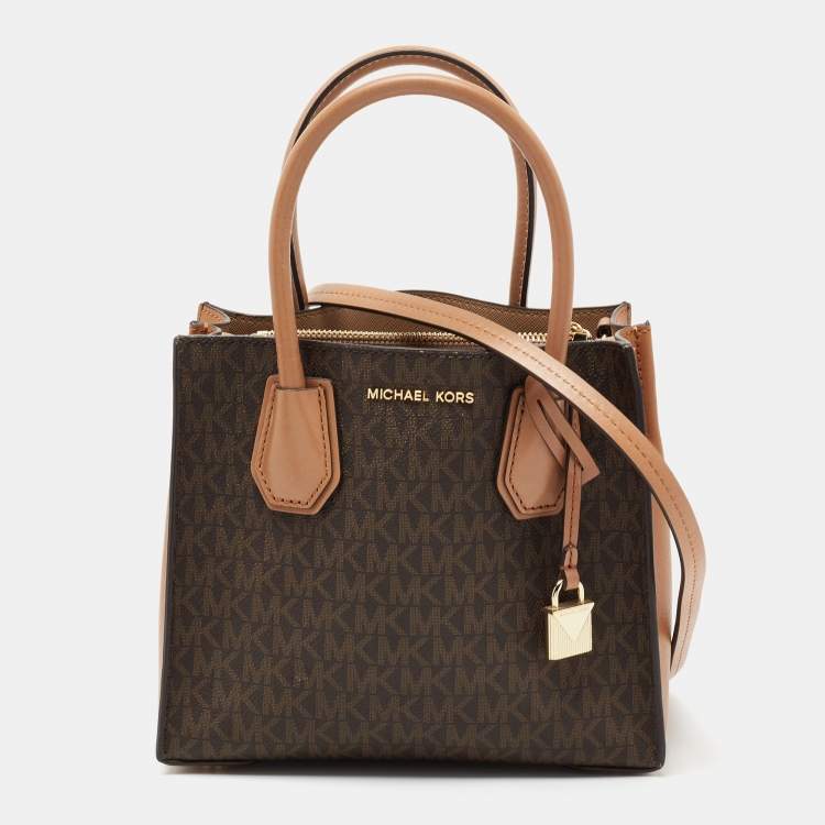 Pre Owned Michael Kors Brown Signature Canvas And Leather Mini Mercer Tote