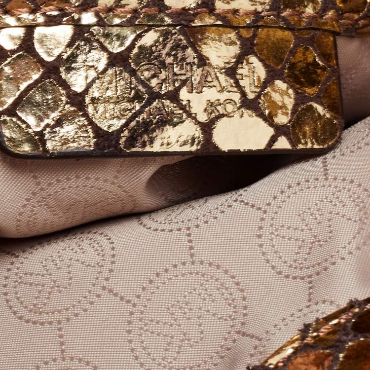Pre Owned MICHAEL Michael Kors Metallic Gold Snakeskin Embossed Leather and Suede Chain Handle Tote