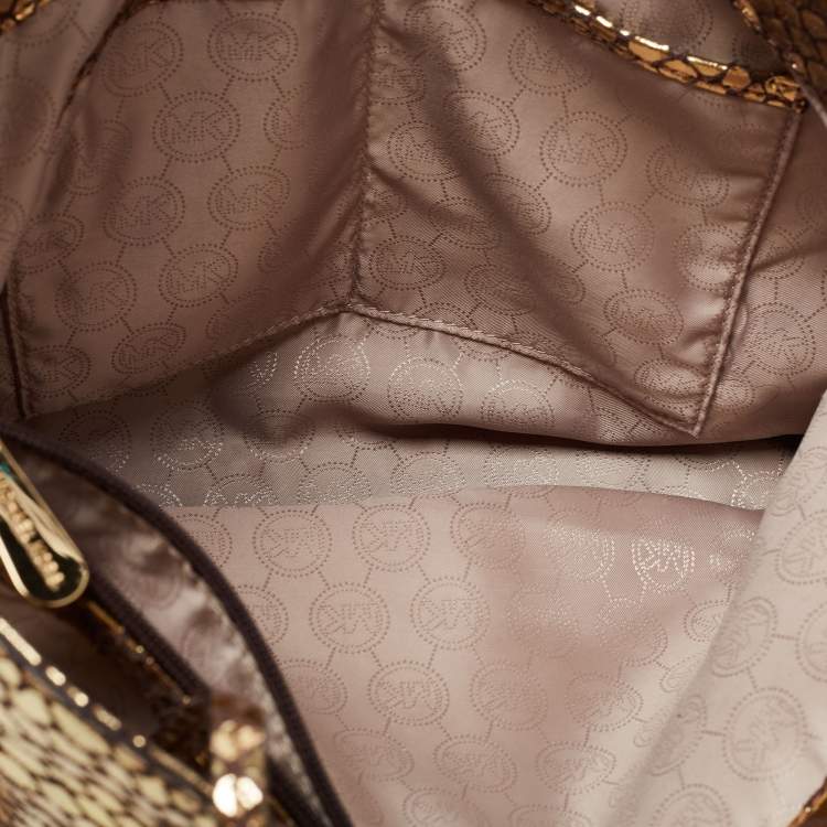 Pre Owned MICHAEL Michael Kors Metallic Gold Snakeskin Embossed Leather and Suede Chain Handle Tote