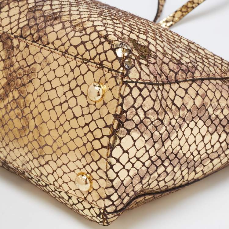Pre Owned MICHAEL Michael Kors Metallic Gold Snakeskin Embossed Leather and Suede Chain Handle Tote